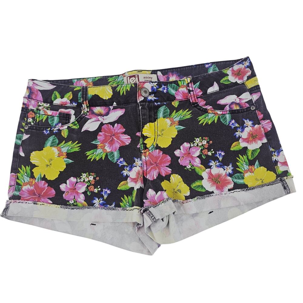 L.e.i. Ashley Low Rise Floral Hibiscus Denim Short Junior 15 Coconut girl 3519